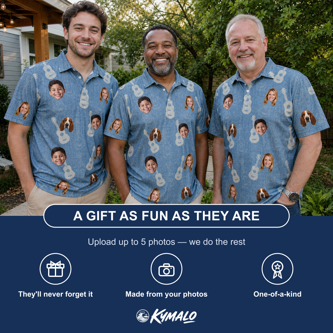 Friends in matching Men's Gardenia Grooves Custom Face Polo Shirt — a group gift photo