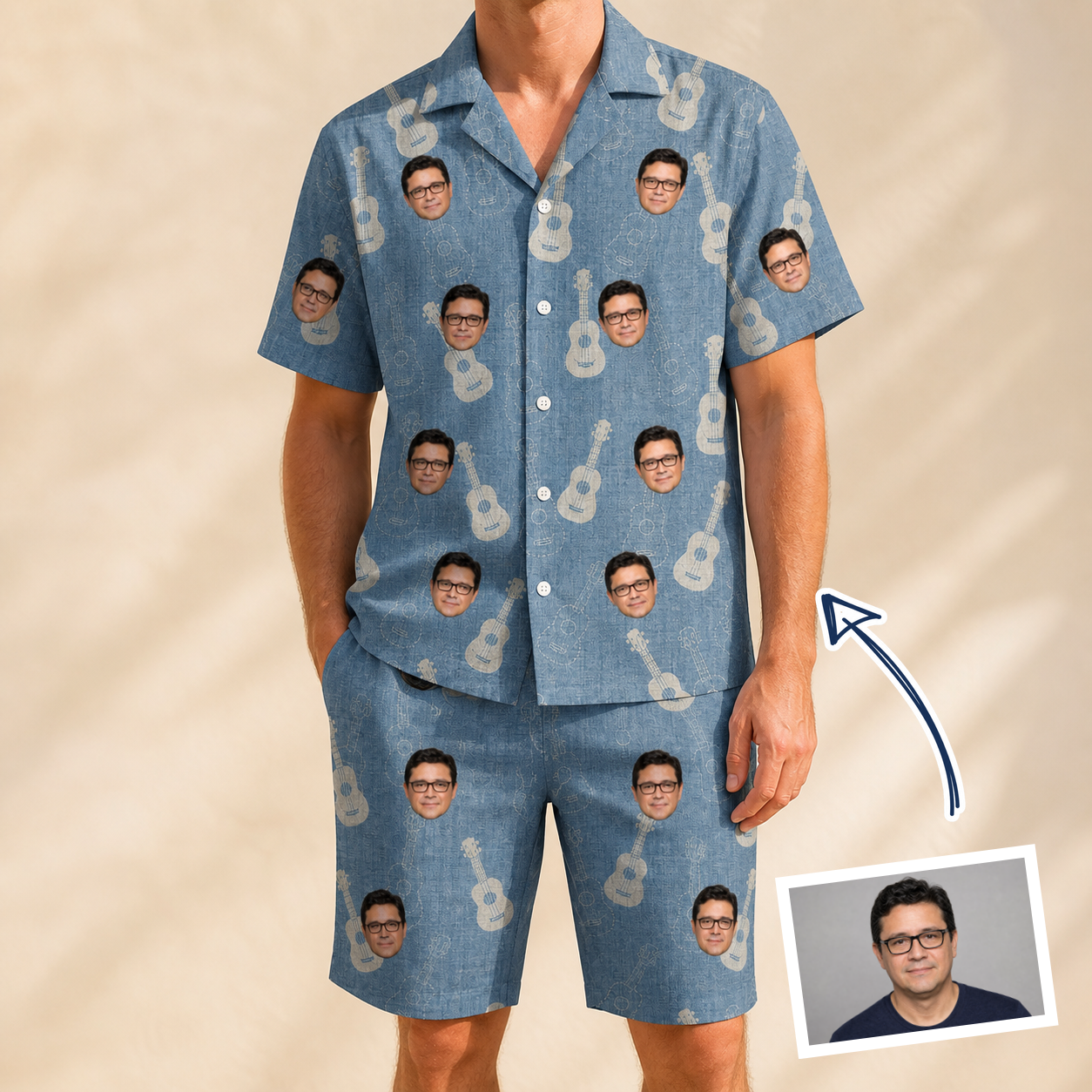 Man wearing Men's Gardenia Grooves Custom Face Shirt & Shorts Set — custom faces printed all-over