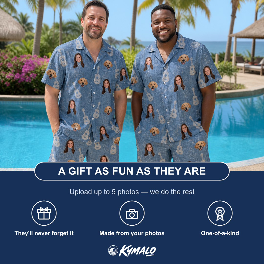 Friends in matching Men's Gardenia Grooves Custom Face Shirt & Shorts Set — a group gift photo