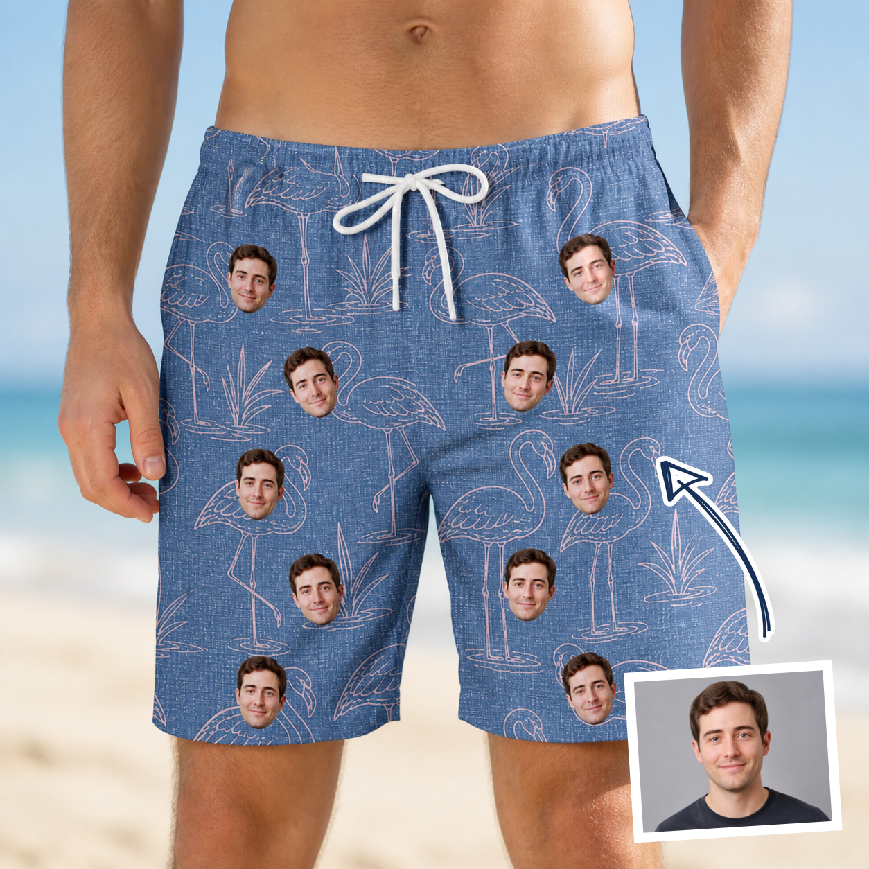 Man wearing Men's Neck Appeal Custom Face Beach Shorts — custom faces printed all-over