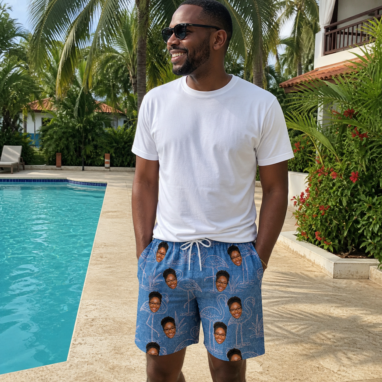 Real-life photo of someone wearing Men's Neck Appeal Custom Face Beach Shorts — custom faces printed all-over