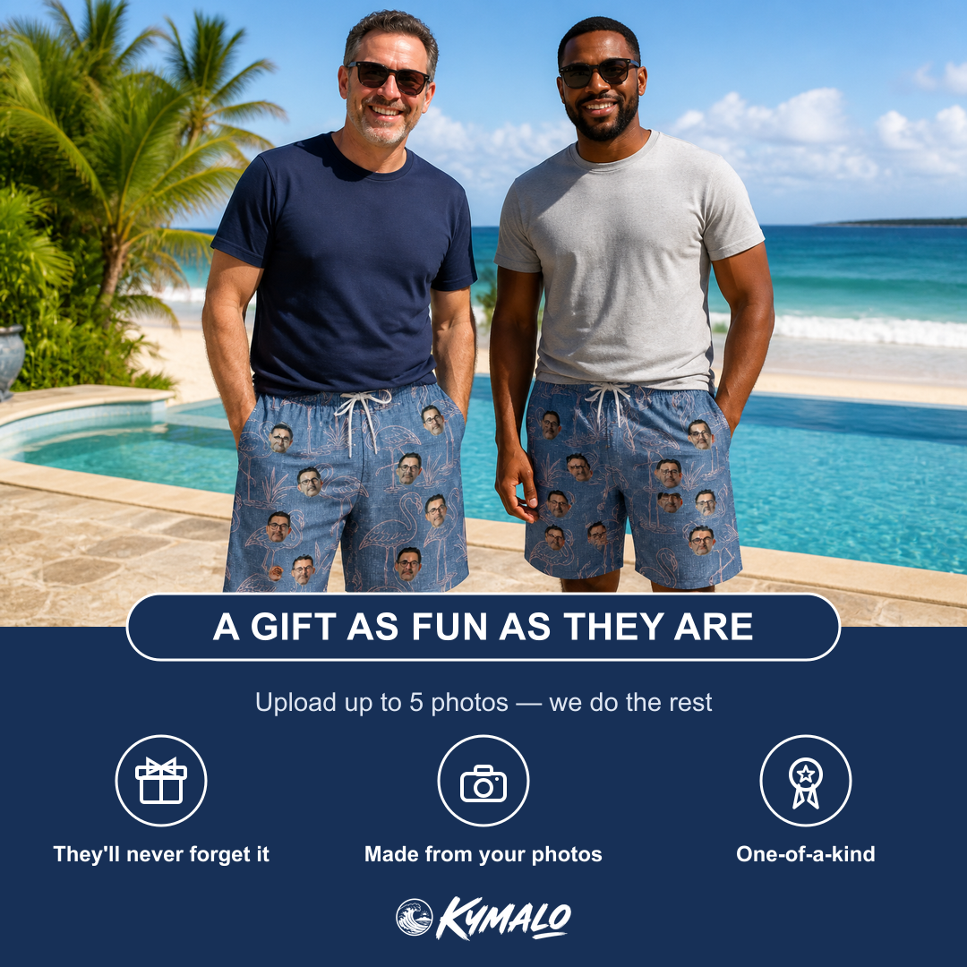 Friends in matching Men's Neck Appeal Custom Face Beach Shorts — a group gift photo