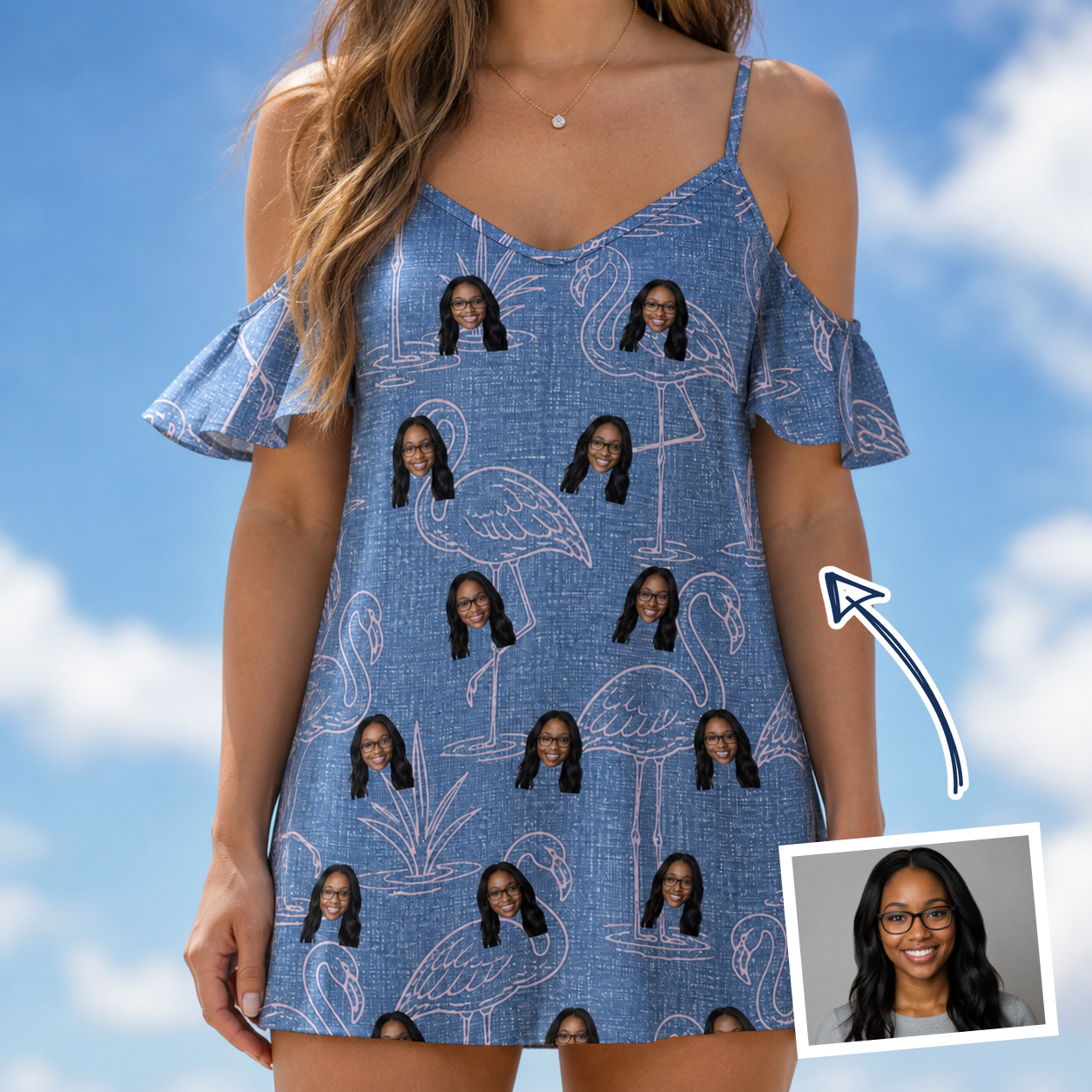 Woman wearing Women's Neck Appeal Custom Face Off-Shoulder Dress — custom faces printed all-over