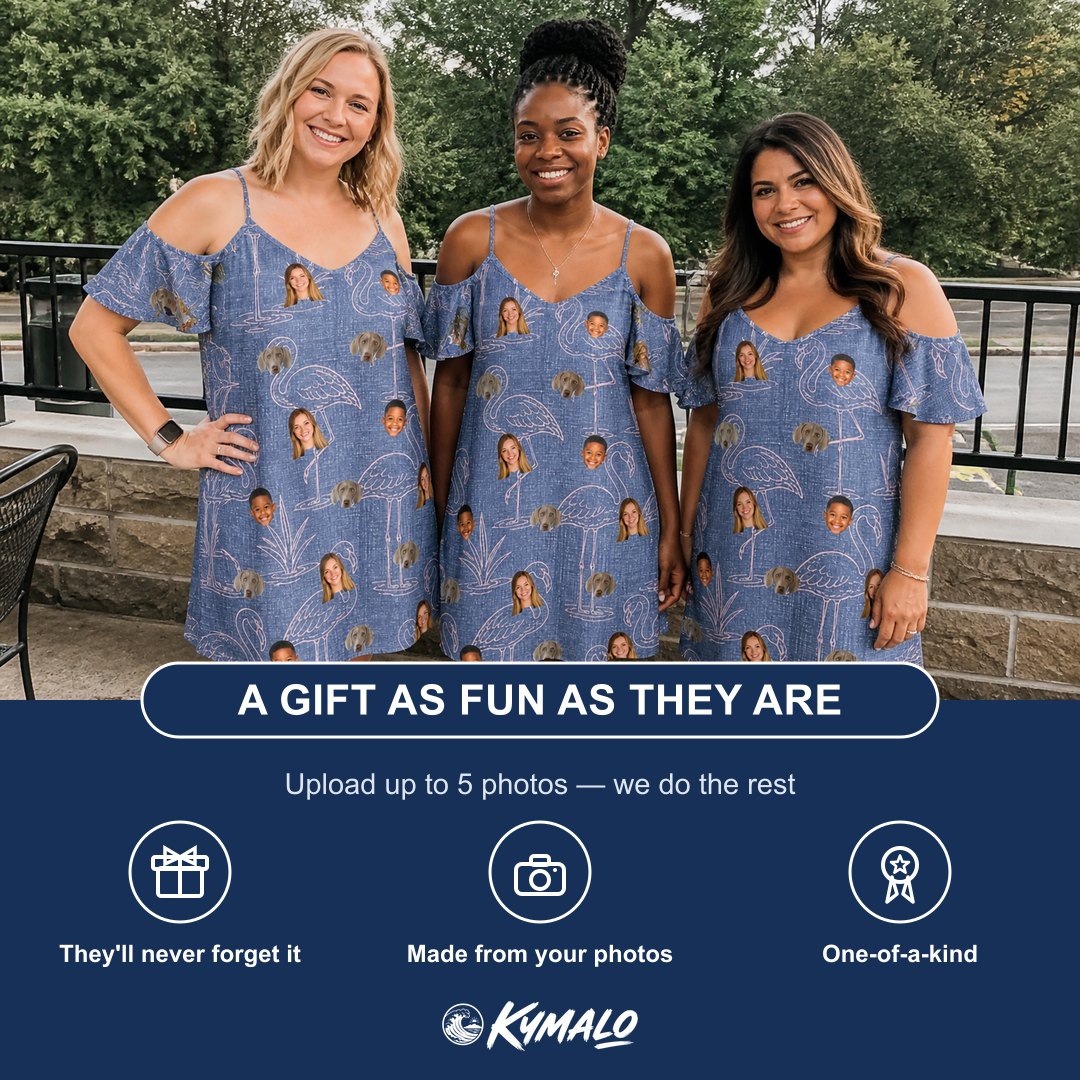 Friends in matching Women's Neck Appeal Custom Face Off-Shoulder Dress — a group gift photo