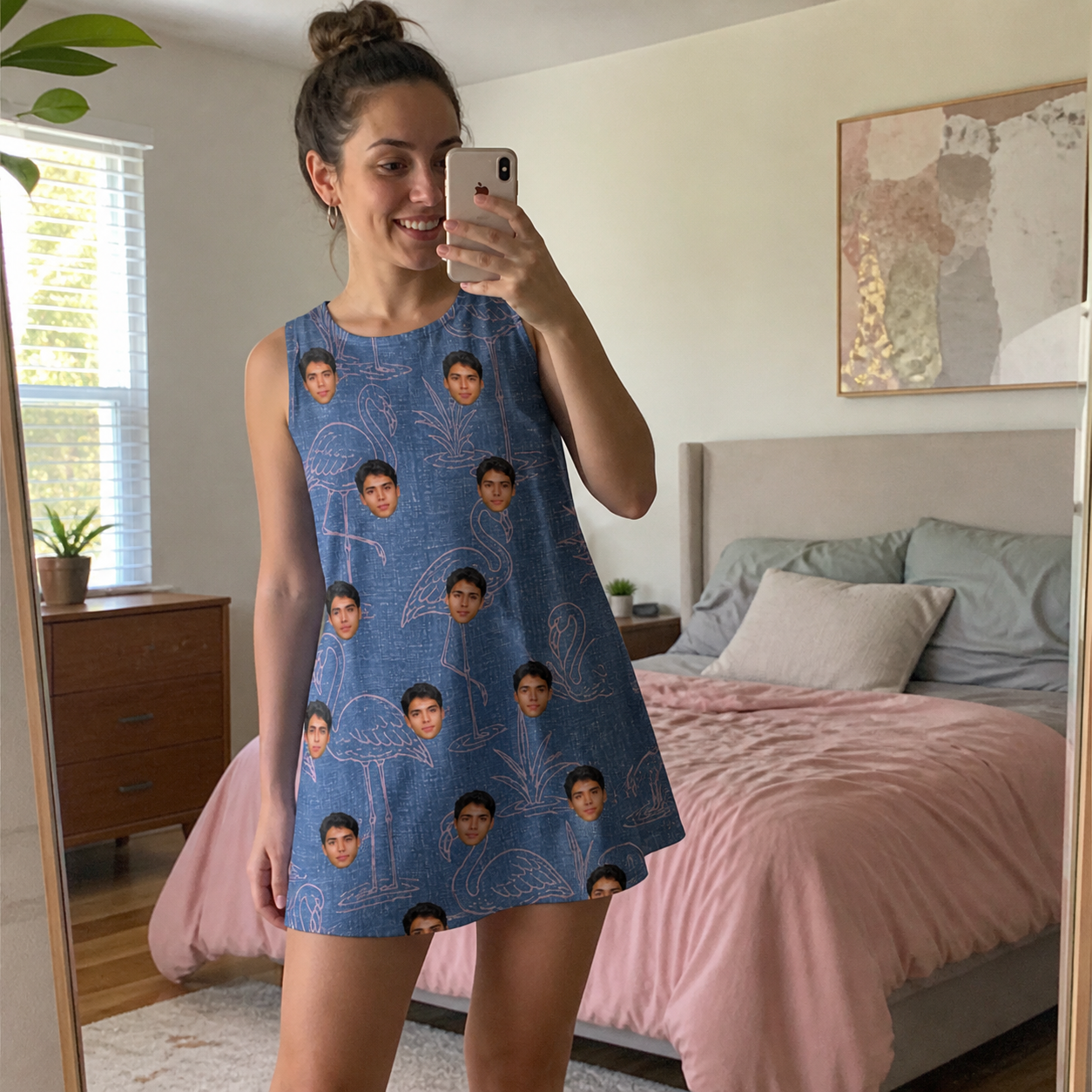 Real-life photo of someone wearing Women's Neck Appeal Custom Face Tank Dress — custom faces printed all-over