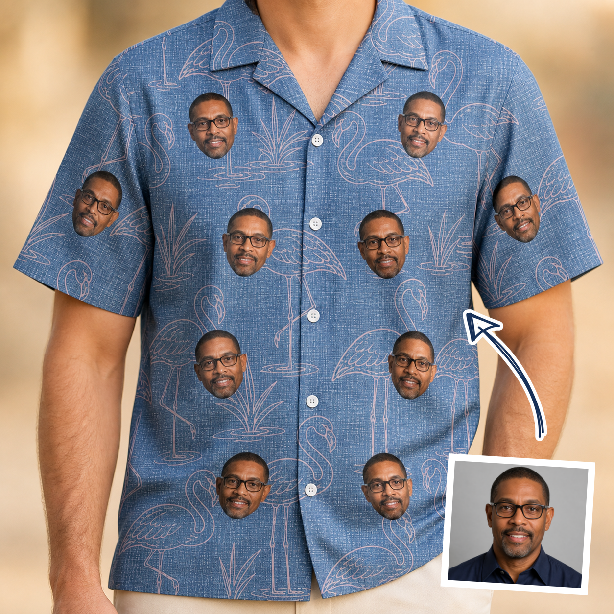 Man wearing Men's Neck Appeal Custom Face Hawaiian Shirt — custom faces printed all-over