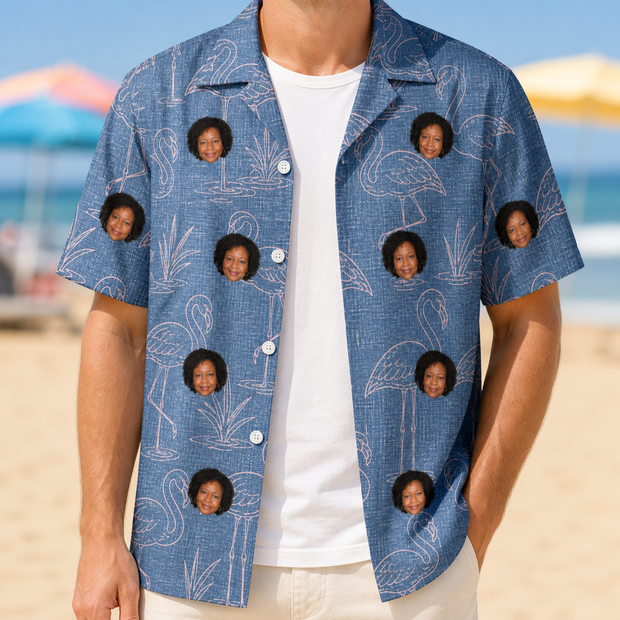 Man wearing Men's Neck Appeal Custom Face Hawaiian Shirt open over a white tee