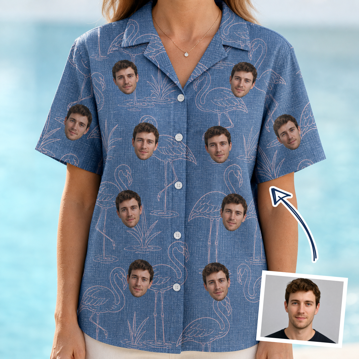 Woman wearing Women's Neck Appeal Custom Face Hawaiian Shirt — custom faces printed all-over