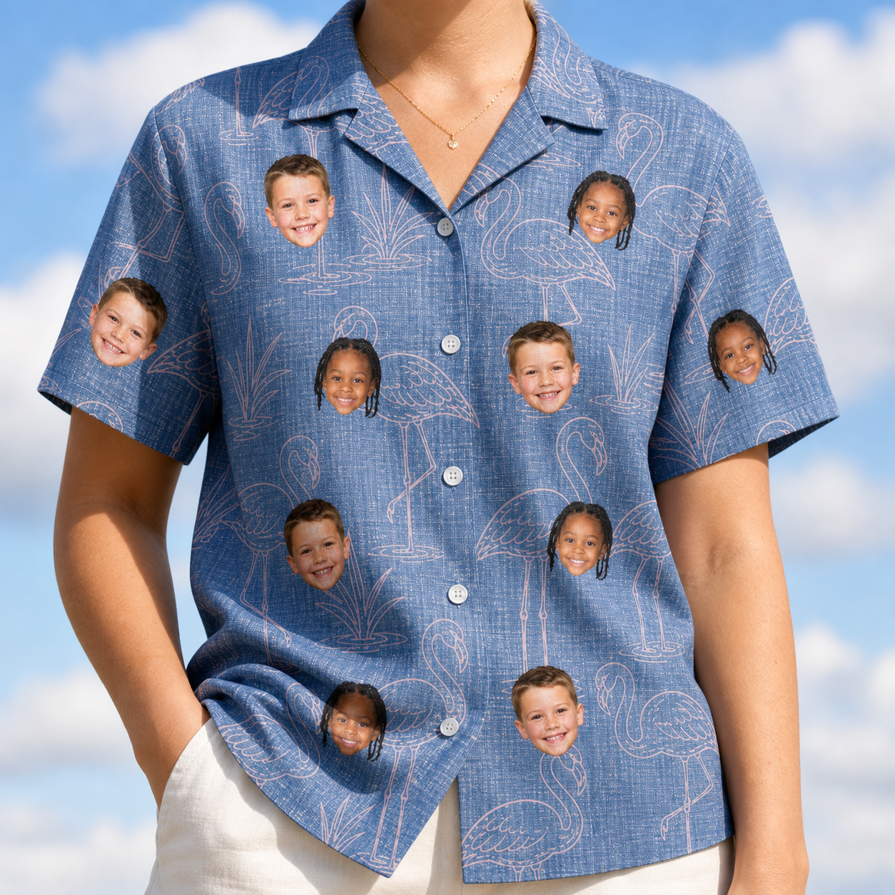 Model wearing Women's Neck Appeal Custom Face Hawaiian Shirt printed with kids' faces