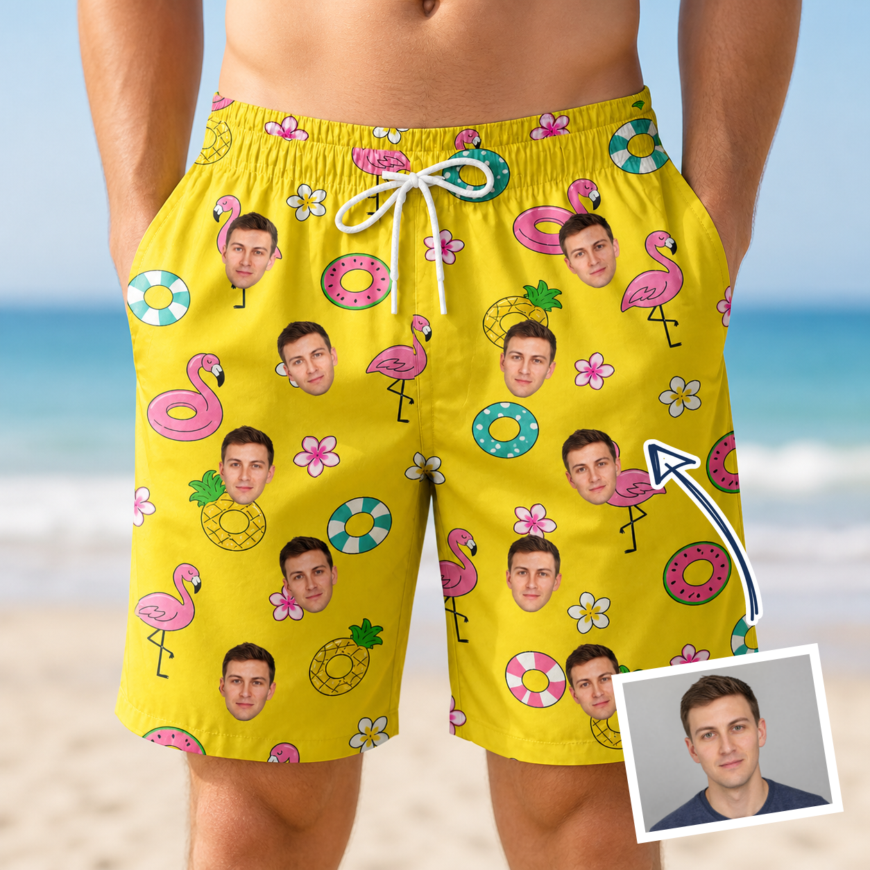 Man wearing Men's Aqua Aviary Custom Face Beach Shorts — custom faces printed all-over