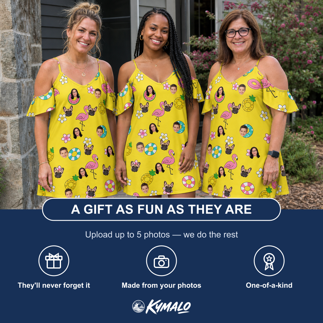 Friends in matching Women's Aqua Aviary Custom Face Off-Shoulder Dress — a group gift photo