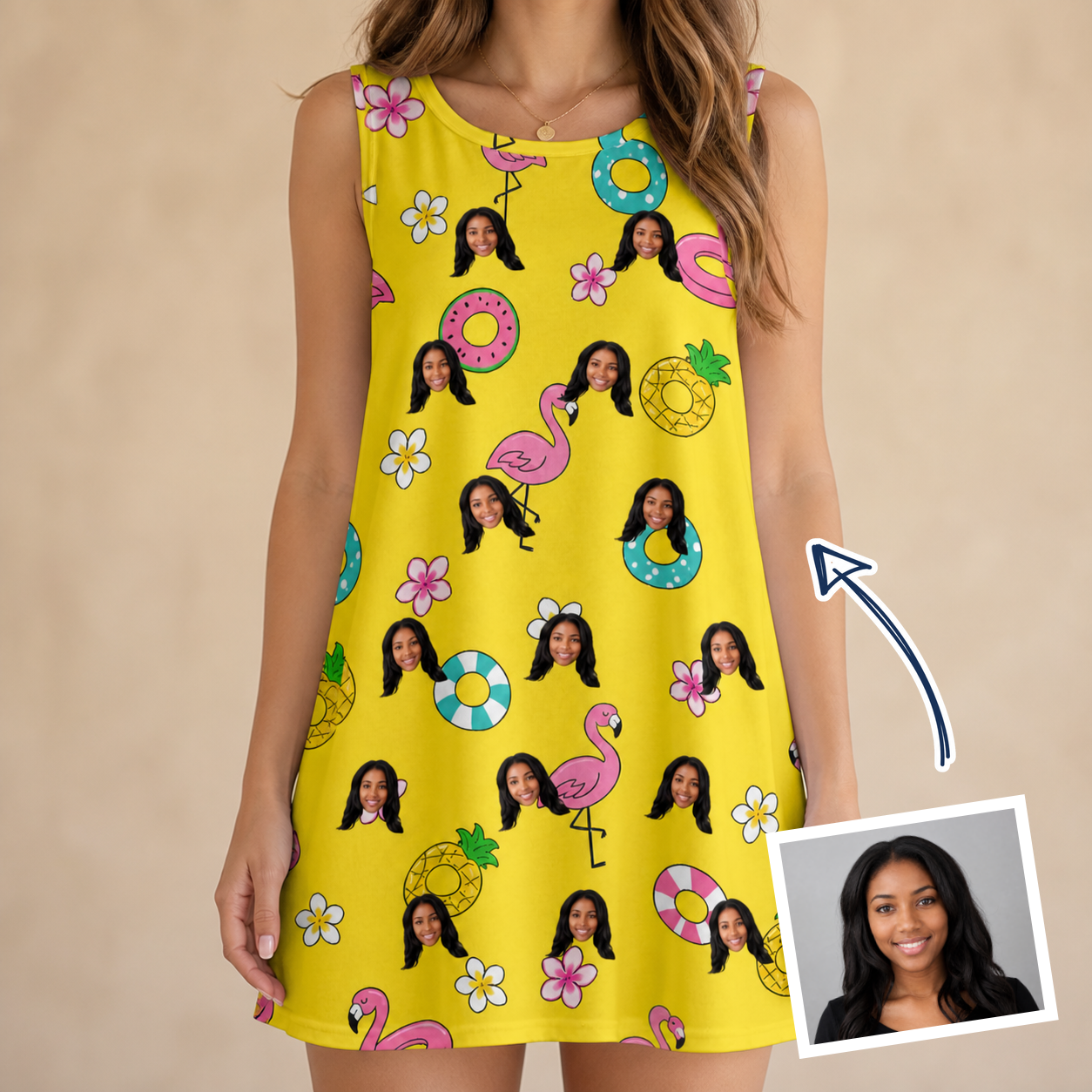Woman wearing Women's Aqua Aviary Custom Face Tank Dress — custom faces printed all-over