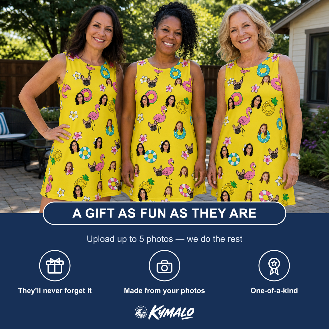 Friends in matching Women's Aqua Aviary Custom Face Tank Dress — a group gift photo