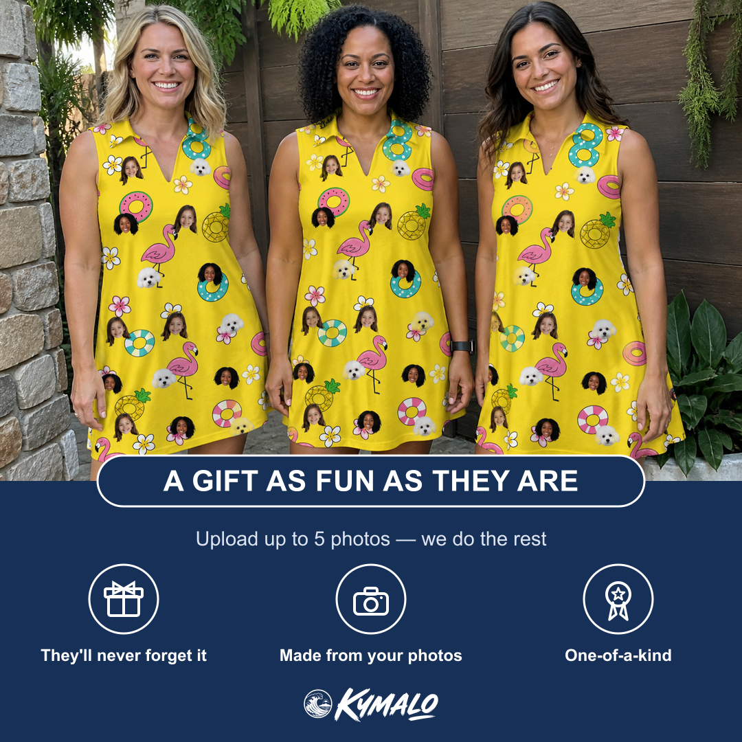 Friends in matching Women's Aqua Aviary Custom Face V-Neck Dress — a group gift photo