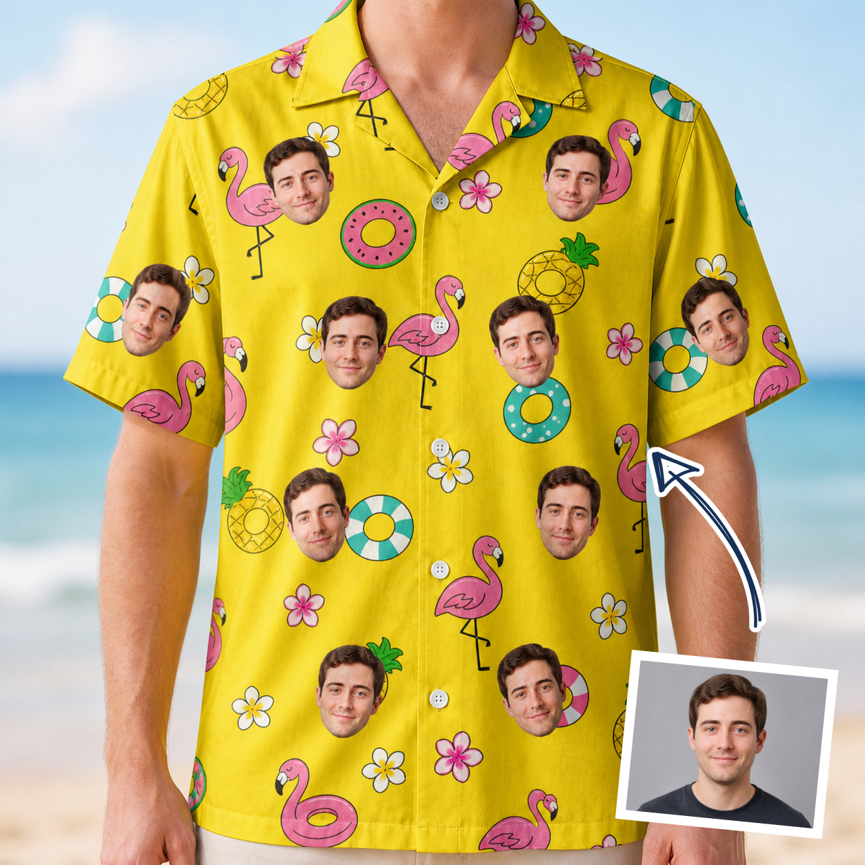 Man wearing Men's Aqua Aviary Custom Face Hawaiian Shirt — custom faces printed all-over