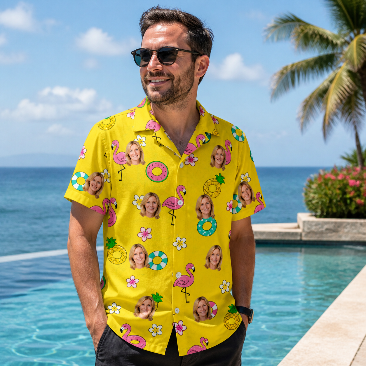 Real-life photo of someone wearing Men's Aqua Aviary Custom Face Hawaiian Shirt — custom faces printed all-over