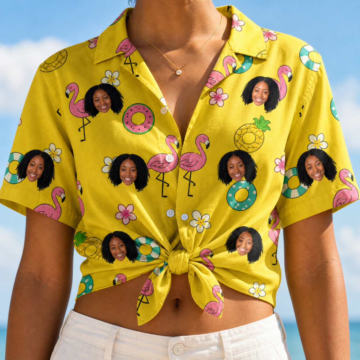 Woman wearing Women's Aqua Aviary Custom Face Hawaiian Shirt tied at the waist