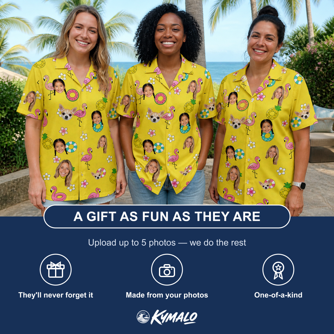 Friends in matching Women's Aqua Aviary Custom Face Hawaiian Shirt — a group gift photo
