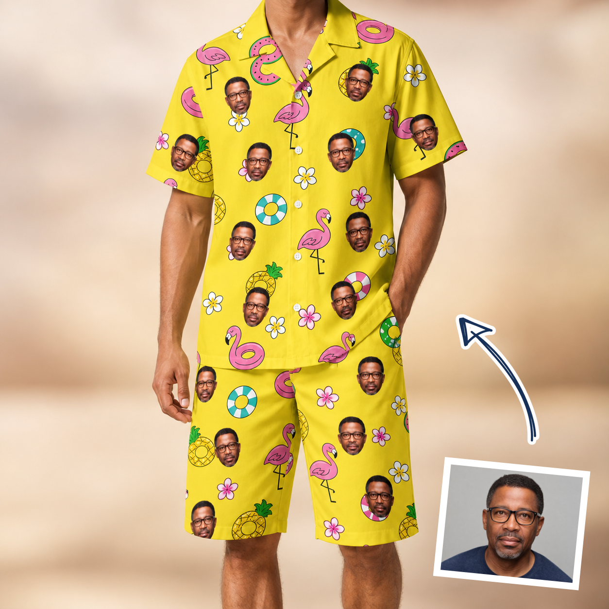 Man wearing Men's Aqua Aviary Custom Face Shirt & Shorts Set — custom faces printed all-over