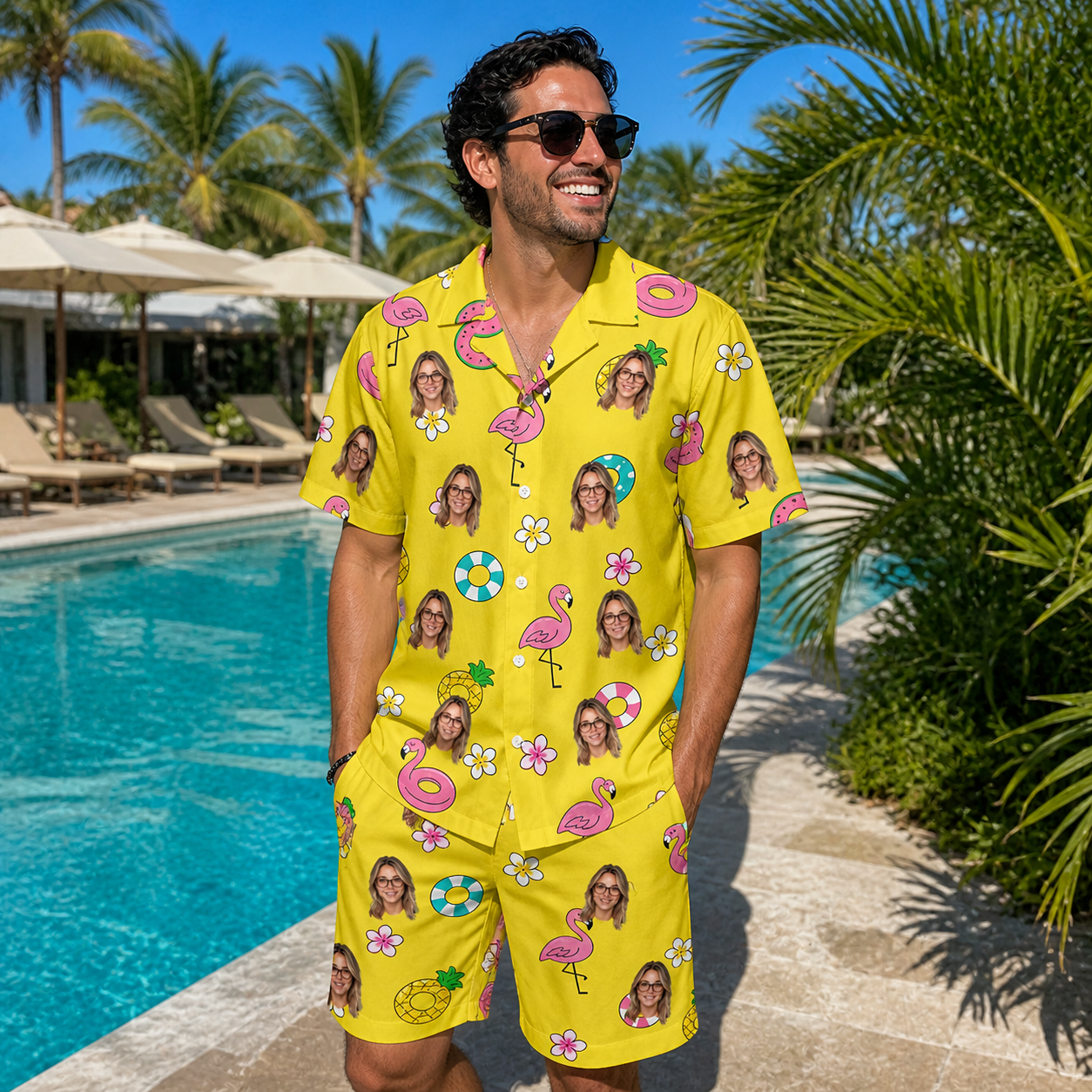 Real-life photo of someone wearing Men's Aqua Aviary Custom Face Shirt & Shorts Set — custom faces printed all-over