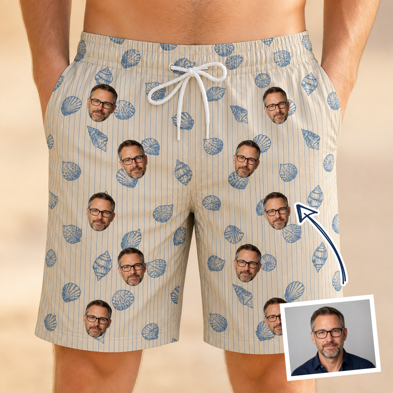 Man wearing Men's Scallop Serenade Custom Face Beach Shorts — custom faces printed all-over