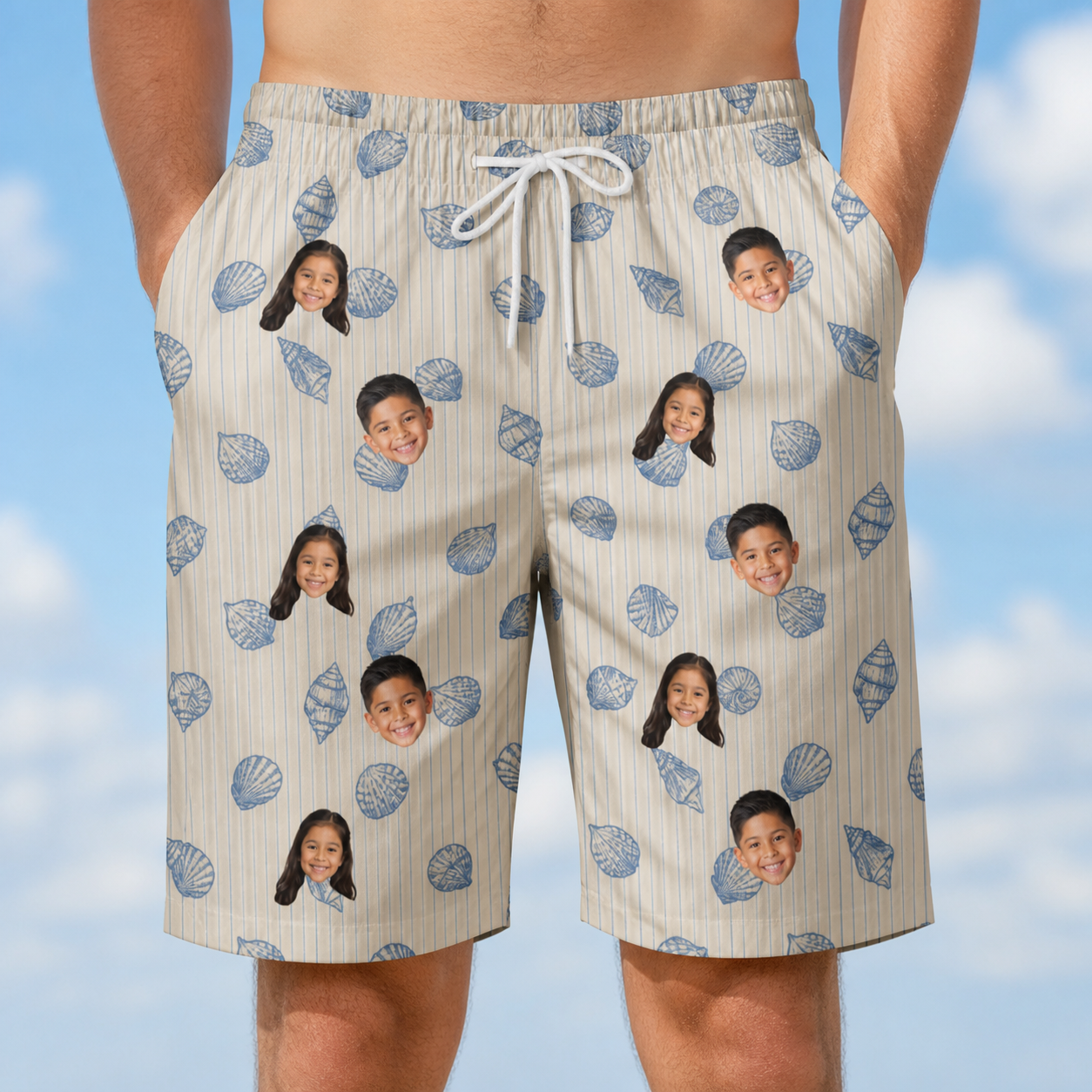 Model wearing Men's Scallop Serenade Custom Face Beach Shorts printed with kids' faces