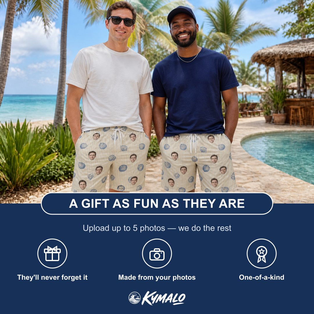 Friends in matching Men's Scallop Serenade Custom Face Beach Shorts — a group gift photo