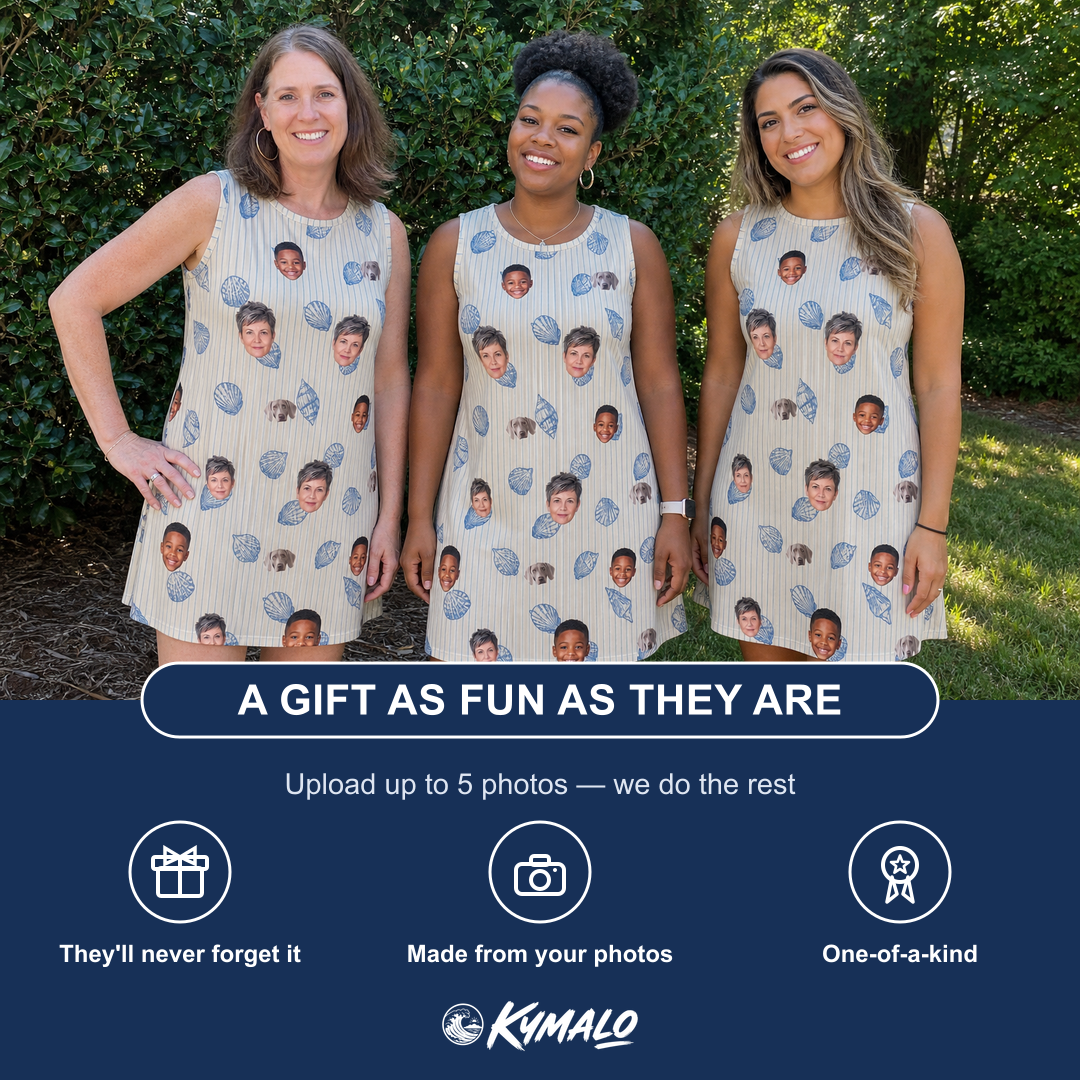 Friends in matching Women's Scallop Serenade Custom Face Tank Dress — a group gift photo