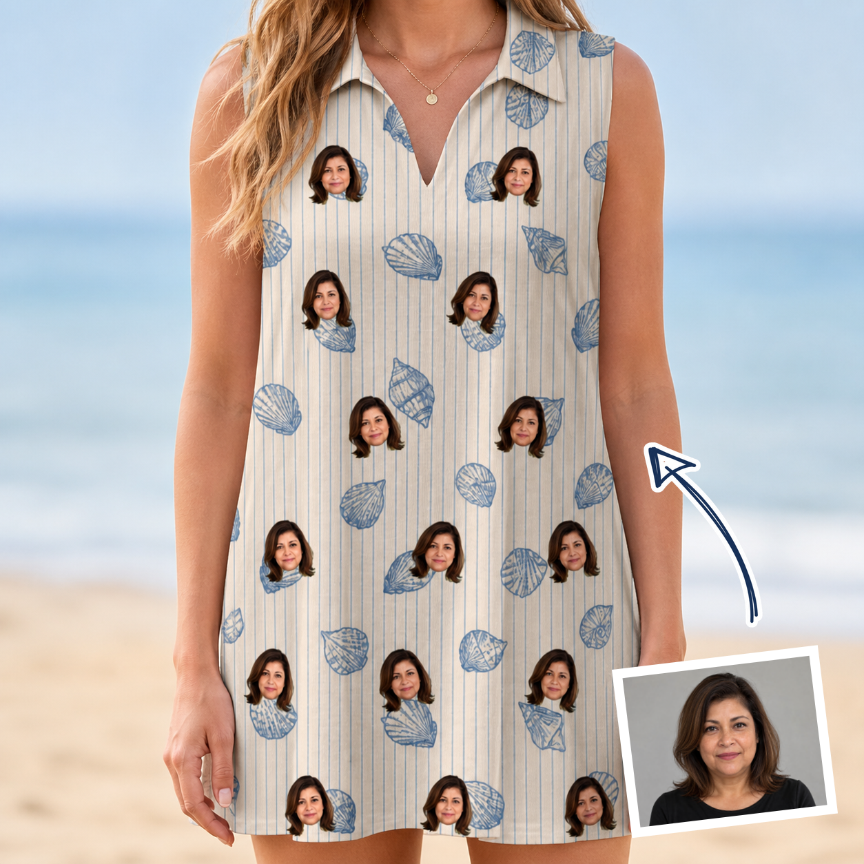 Woman wearing Women's Scallop Serenade Custom Face V-Neck Dress — custom faces printed all-over