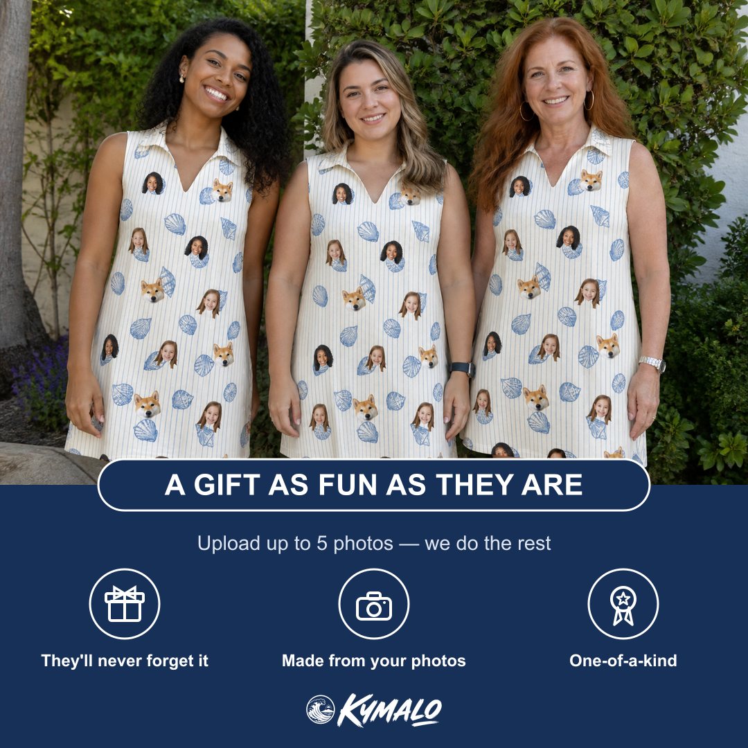 Friends in matching Women's Scallop Serenade Custom Face V-Neck Dress — a group gift photo