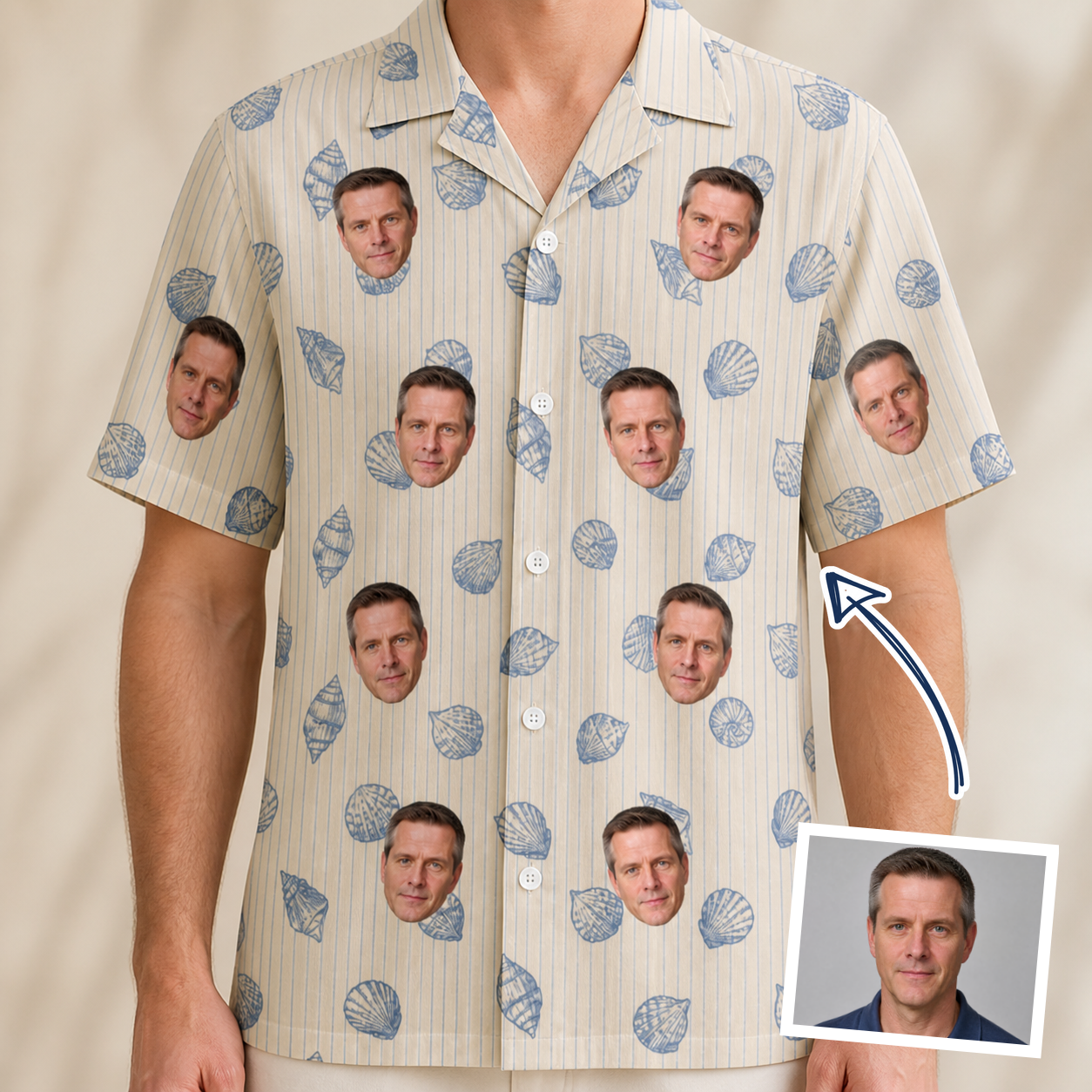 Man wearing Men's Scallop Serenade Custom Face Hawaiian Shirt — custom faces printed all-over