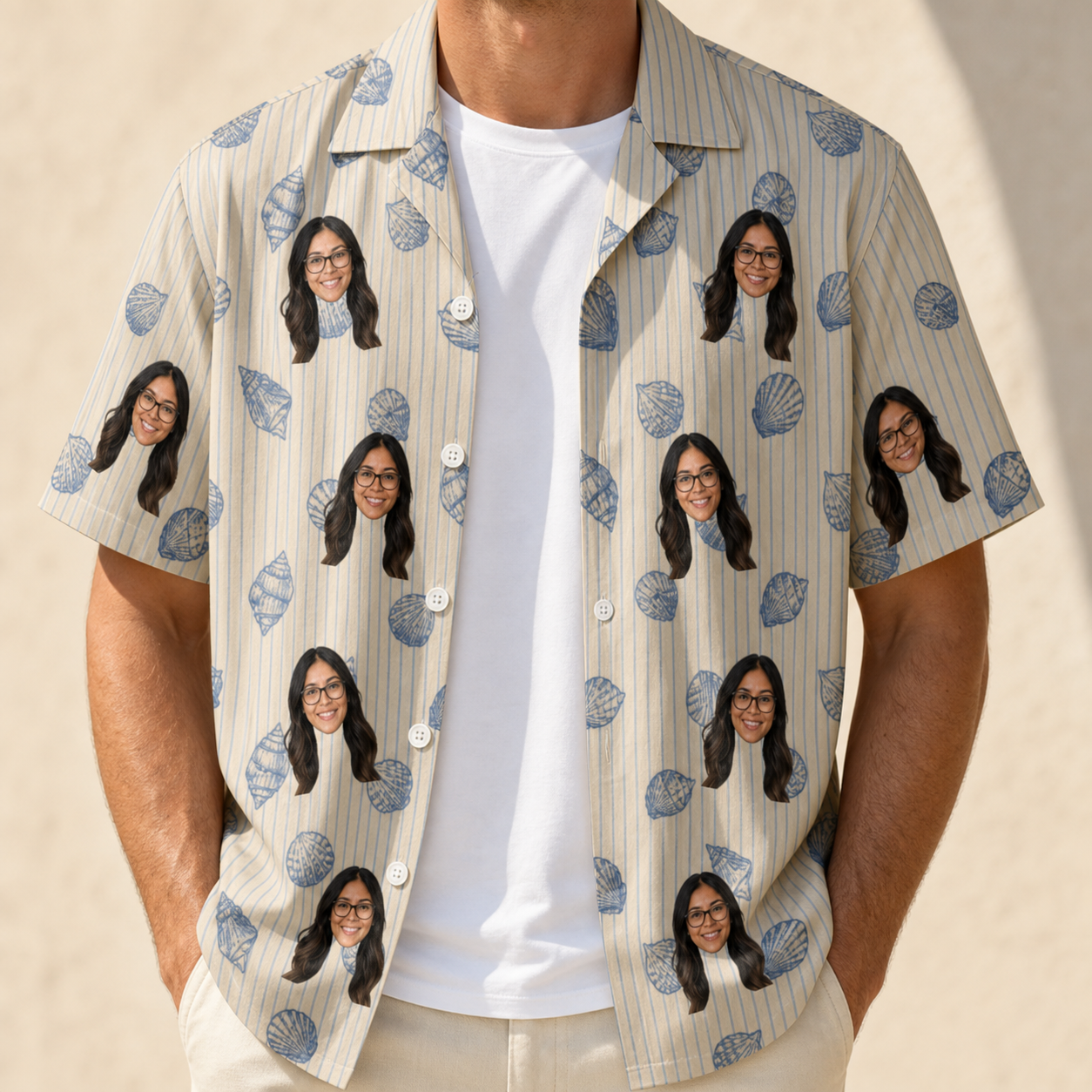 Man wearing Men's Scallop Serenade Custom Face Hawaiian Shirt open over a white tee