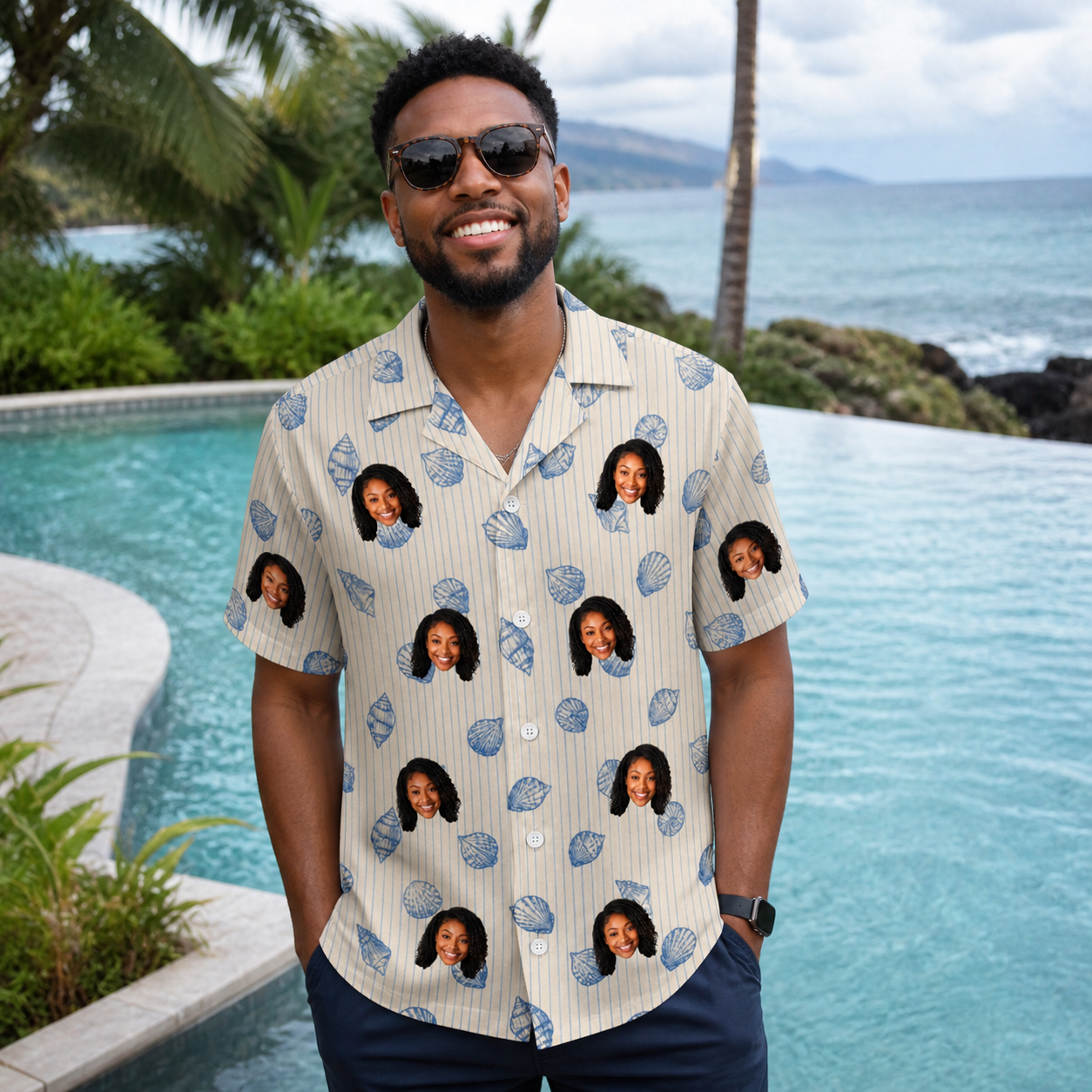 Real-life photo of someone wearing Men's Scallop Serenade Custom Face Hawaiian Shirt — custom faces printed all-over