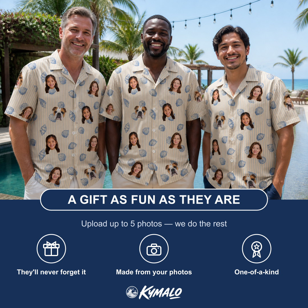 Friends in matching Men's Scallop Serenade Custom Face Hawaiian Shirt — a group gift photo