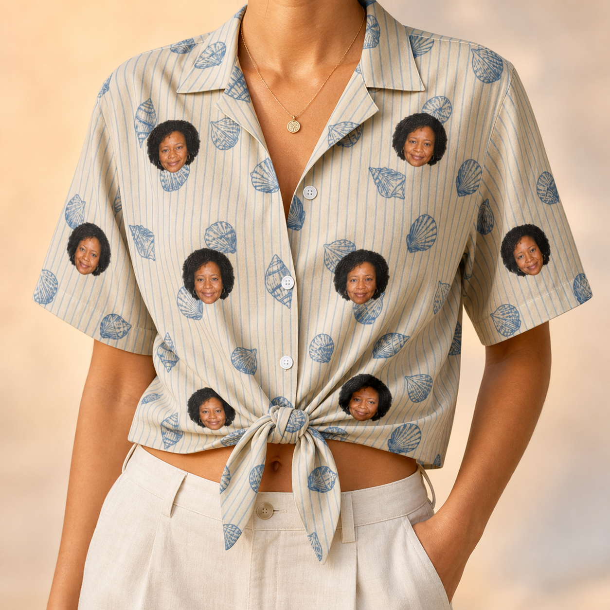 Woman wearing Women's Scallop Serenade Custom Face Hawaiian Shirt tied at the waist