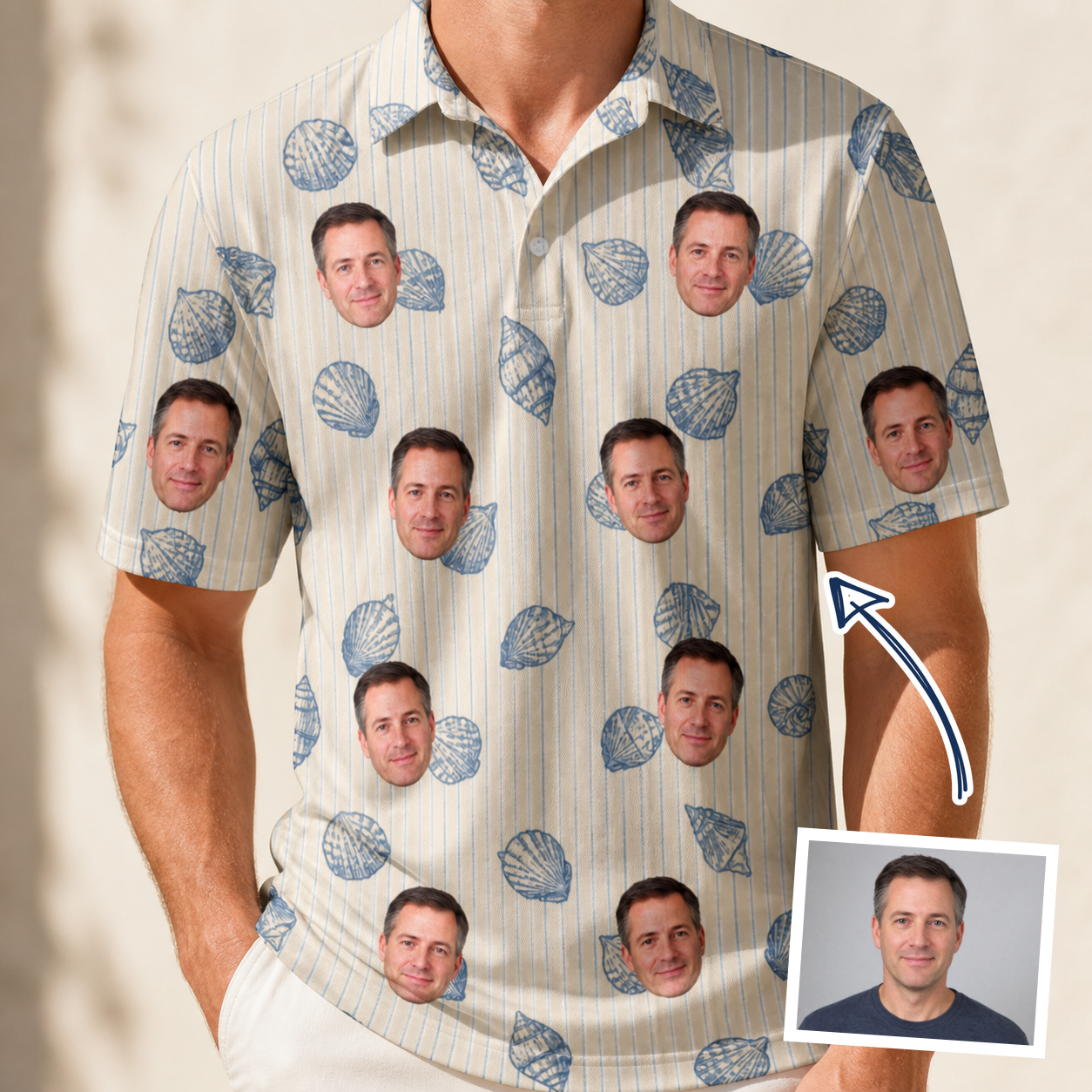Man wearing Men's Scallop Serenade Custom Face Polo Shirt — custom faces printed all-over