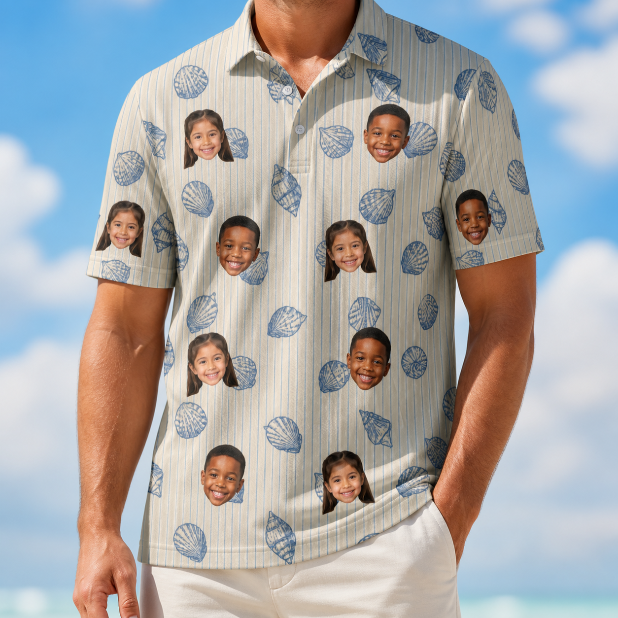 Model wearing Men's Scallop Serenade Custom Face Polo Shirt printed with kids' faces