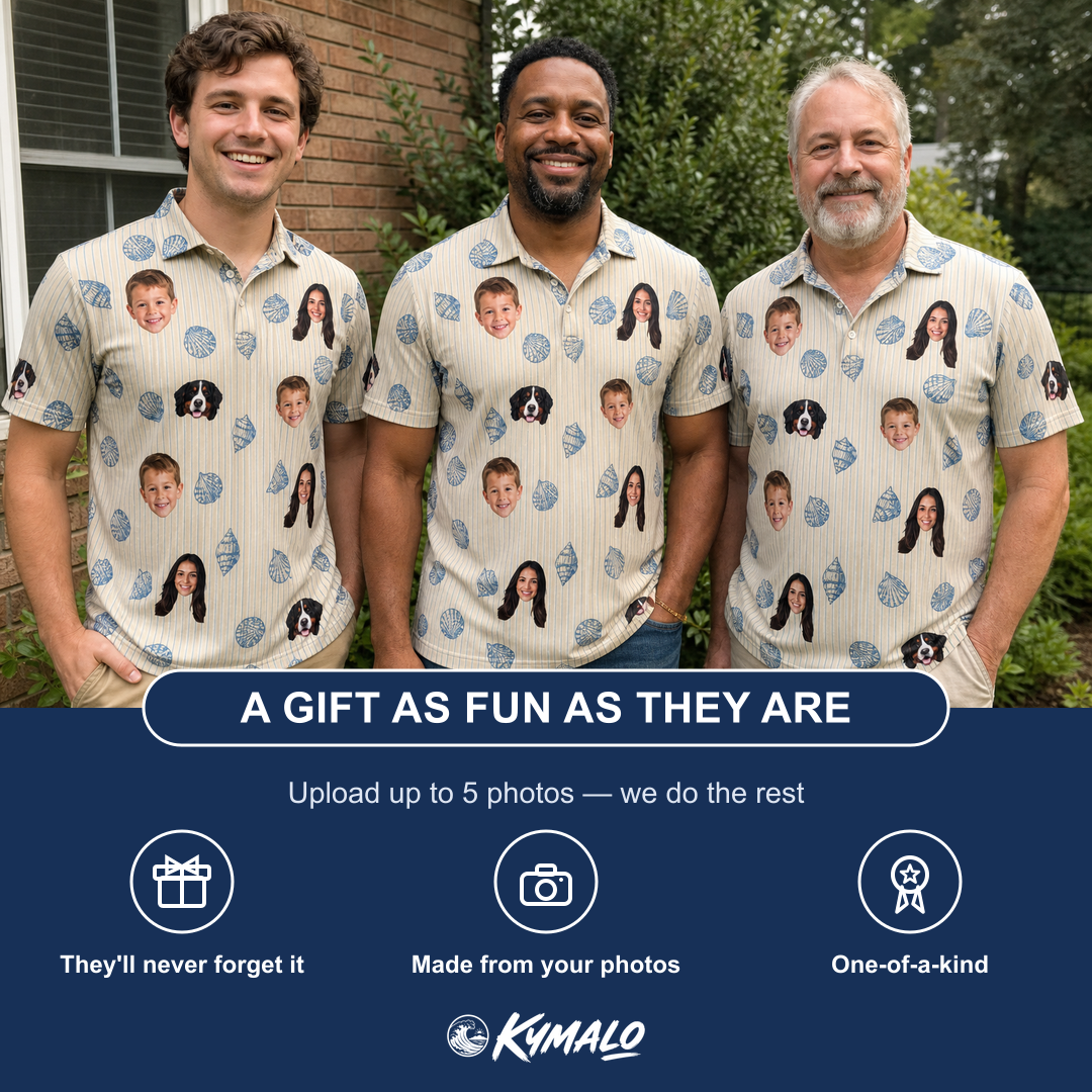 Friends in matching Men's Scallop Serenade Custom Face Polo Shirt — a group gift photo