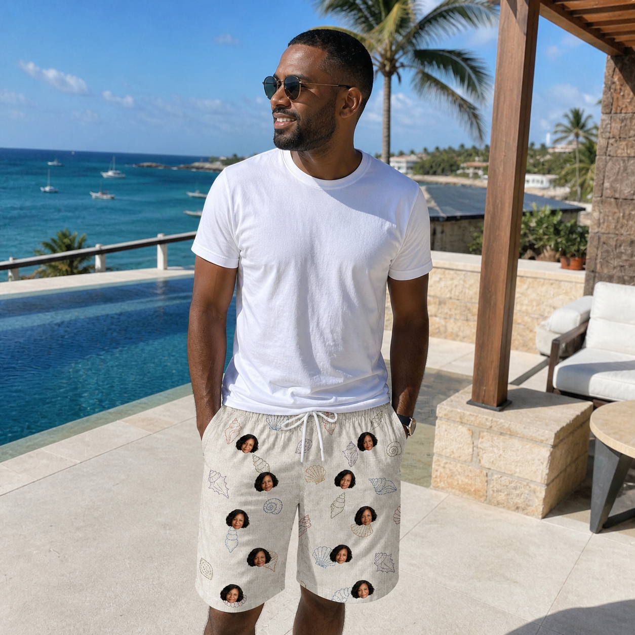 Real-life photo of someone wearing Men's Bivalve Bounce Custom Face Beach Shorts — custom faces printed all-over