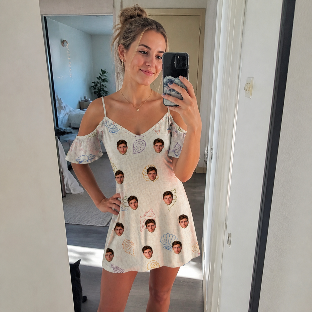 Real-life photo of someone wearing Women's Bivalve Bounce Custom Face Off-Shoulder Dress — custom faces printed all-over
