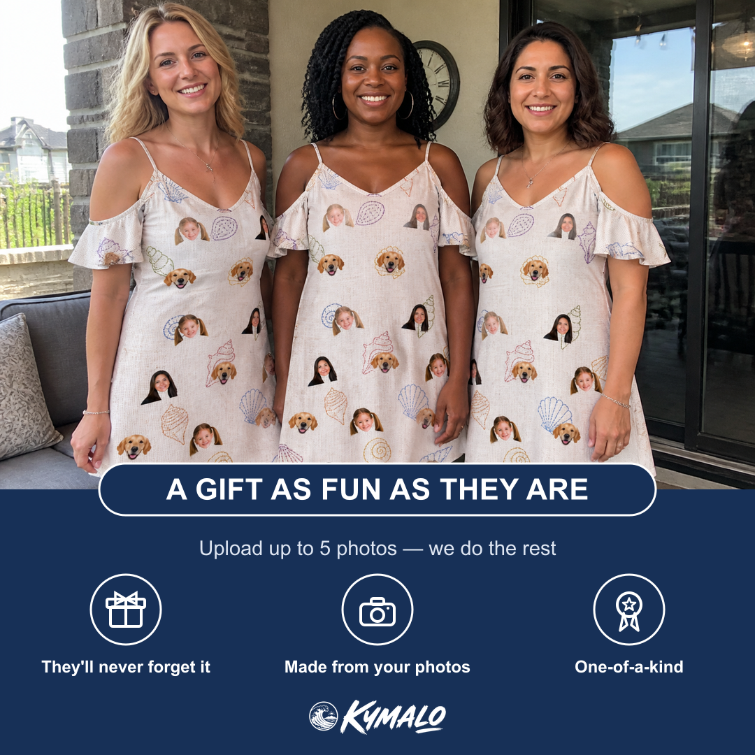 Friends in matching Women's Bivalve Bounce Custom Face Off-Shoulder Dress — a group gift photo