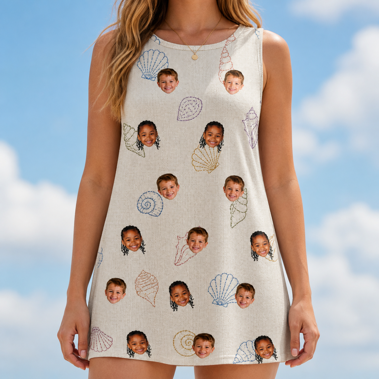 Model wearing Women's Bivalve Bounce Custom Face Tank Dress printed with kids' faces