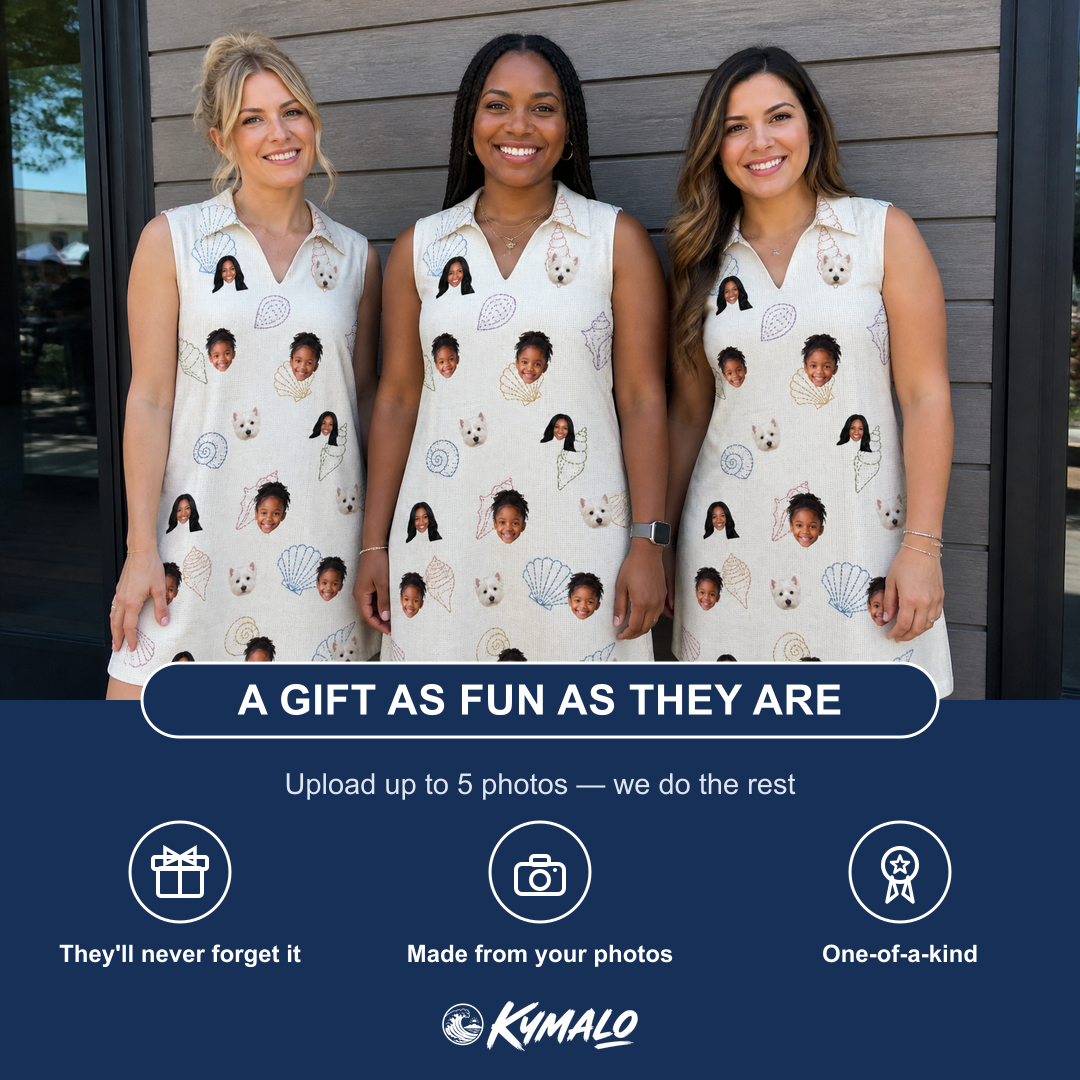 Friends in matching Women's Bivalve Bounce Custom Face V-Neck Dress — a group gift photo