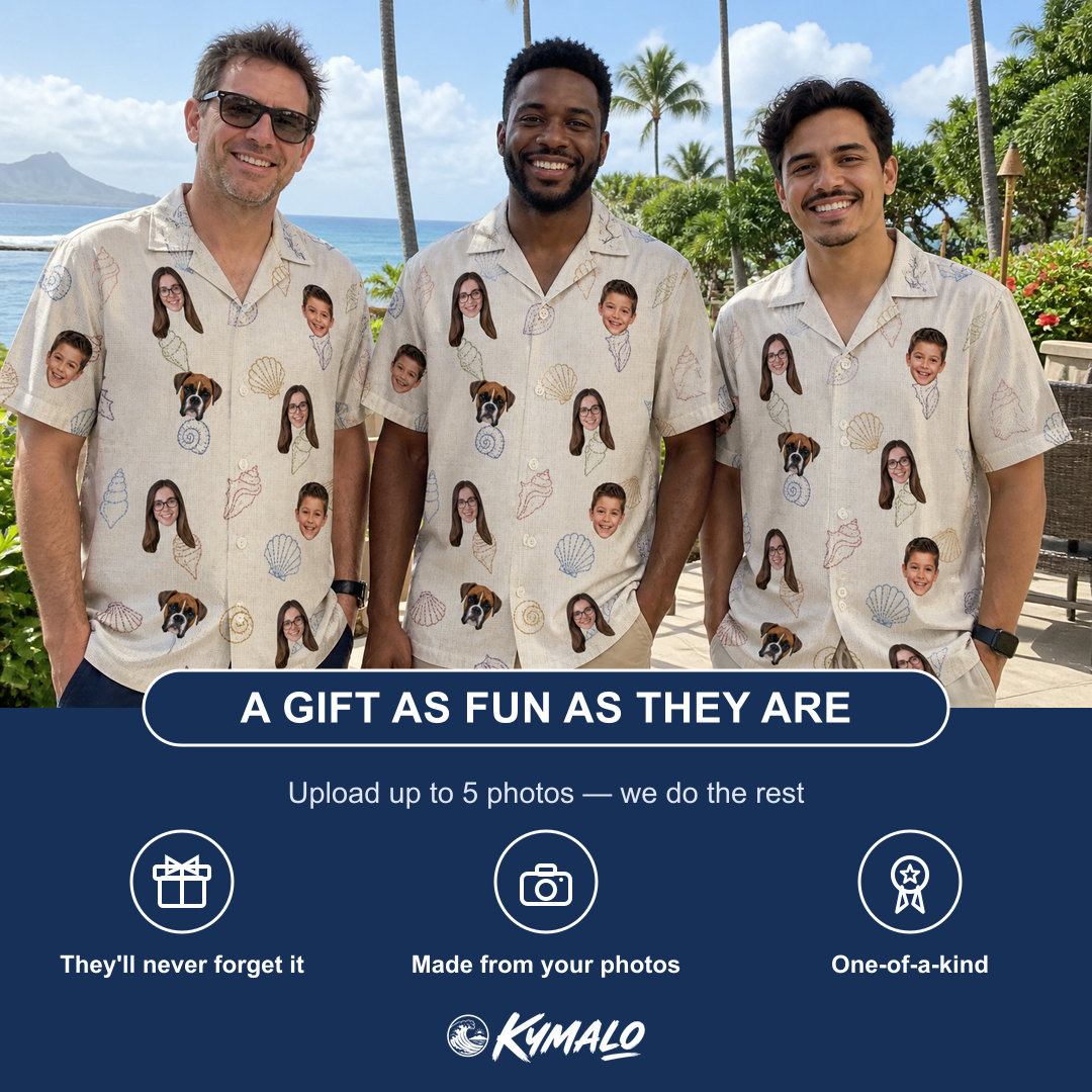 Friends in matching Men's Bivalve Bounce Custom Face Hawaiian Shirt — a group gift photo