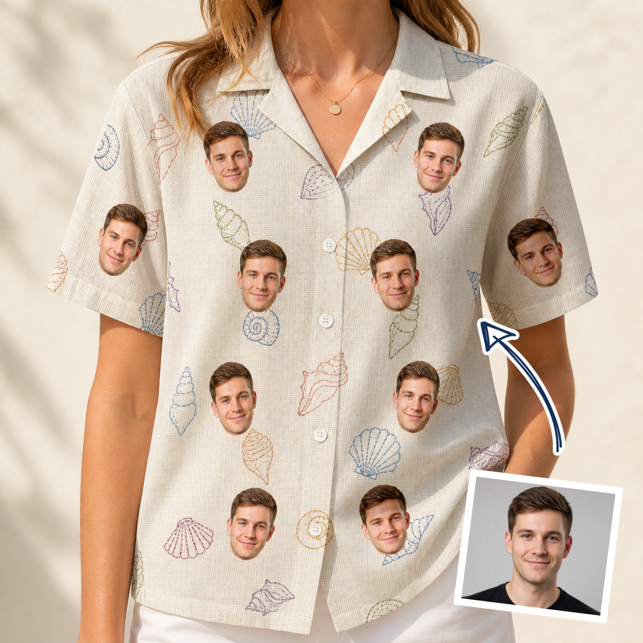 Woman wearing Women's Bivalve Bounce Custom Face Hawaiian Shirt — custom faces printed all-over