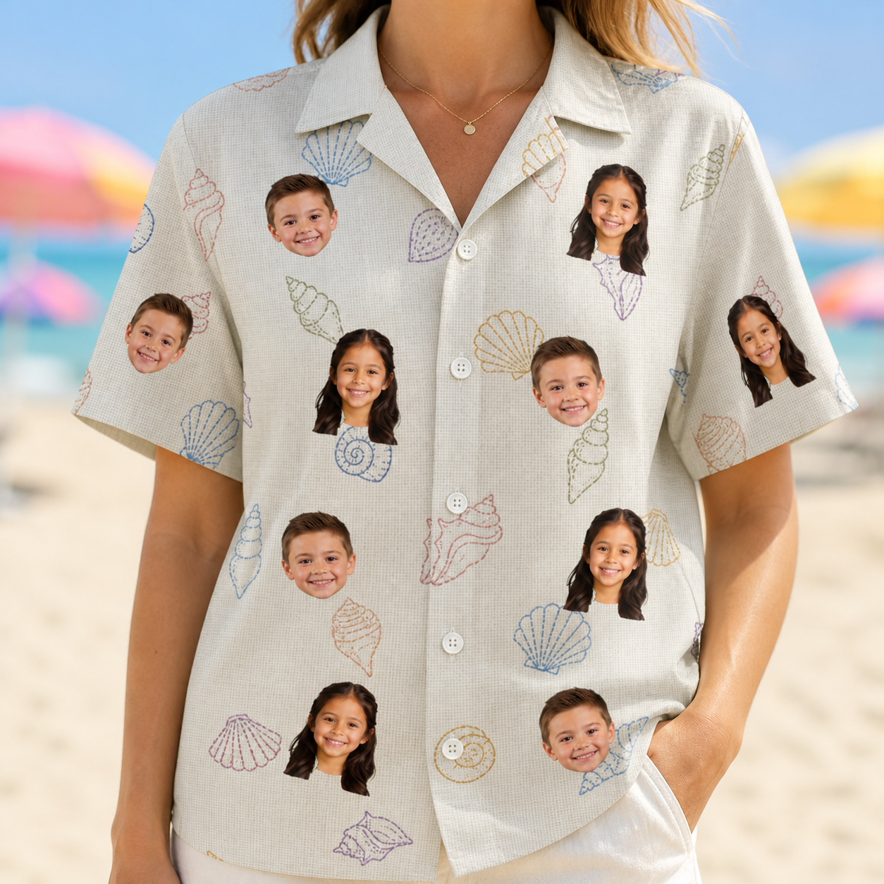 Model wearing Women's Bivalve Bounce Custom Face Hawaiian Shirt printed with kids' faces