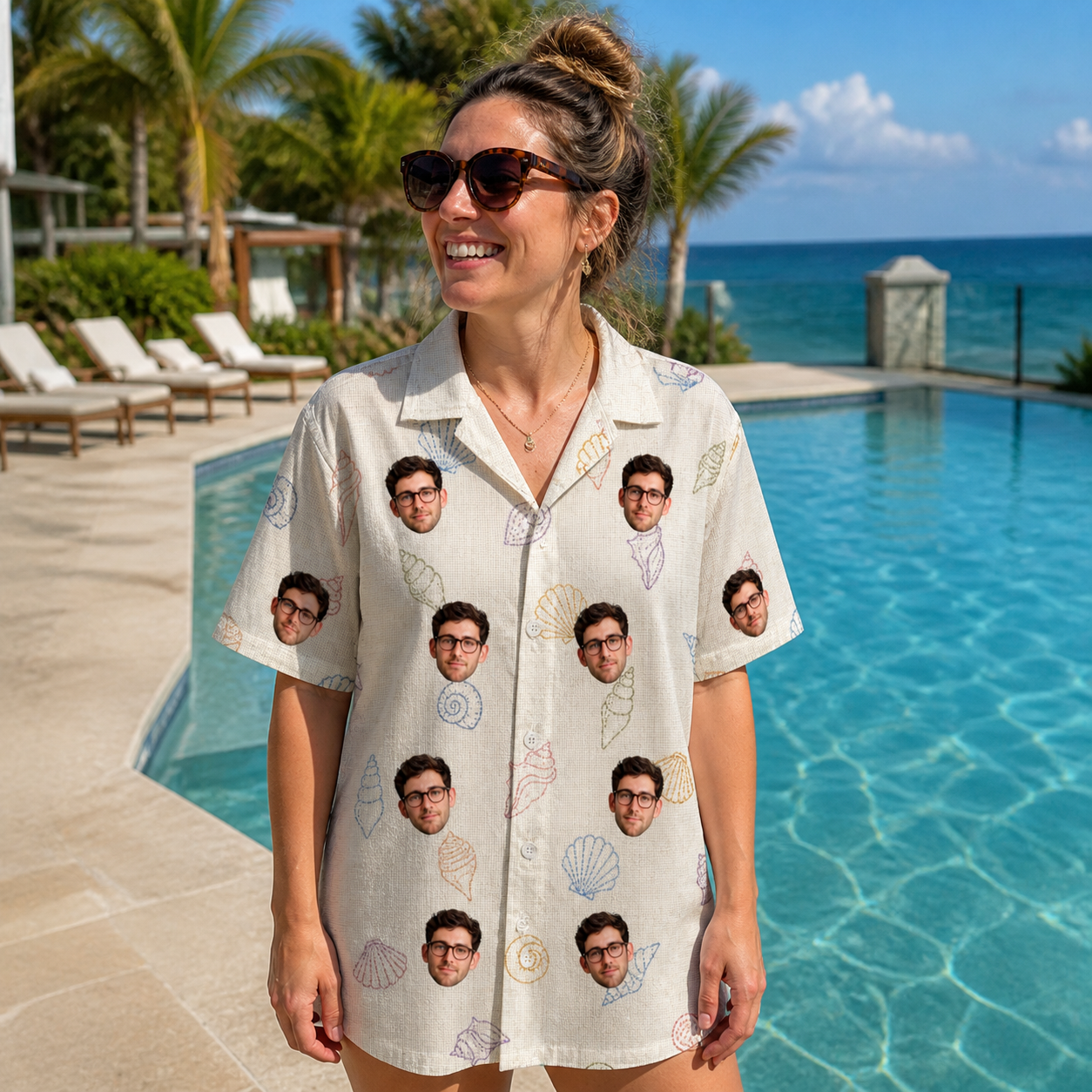 Real-life photo of someone wearing Women's Bivalve Bounce Custom Face Hawaiian Shirt — custom faces printed all-over