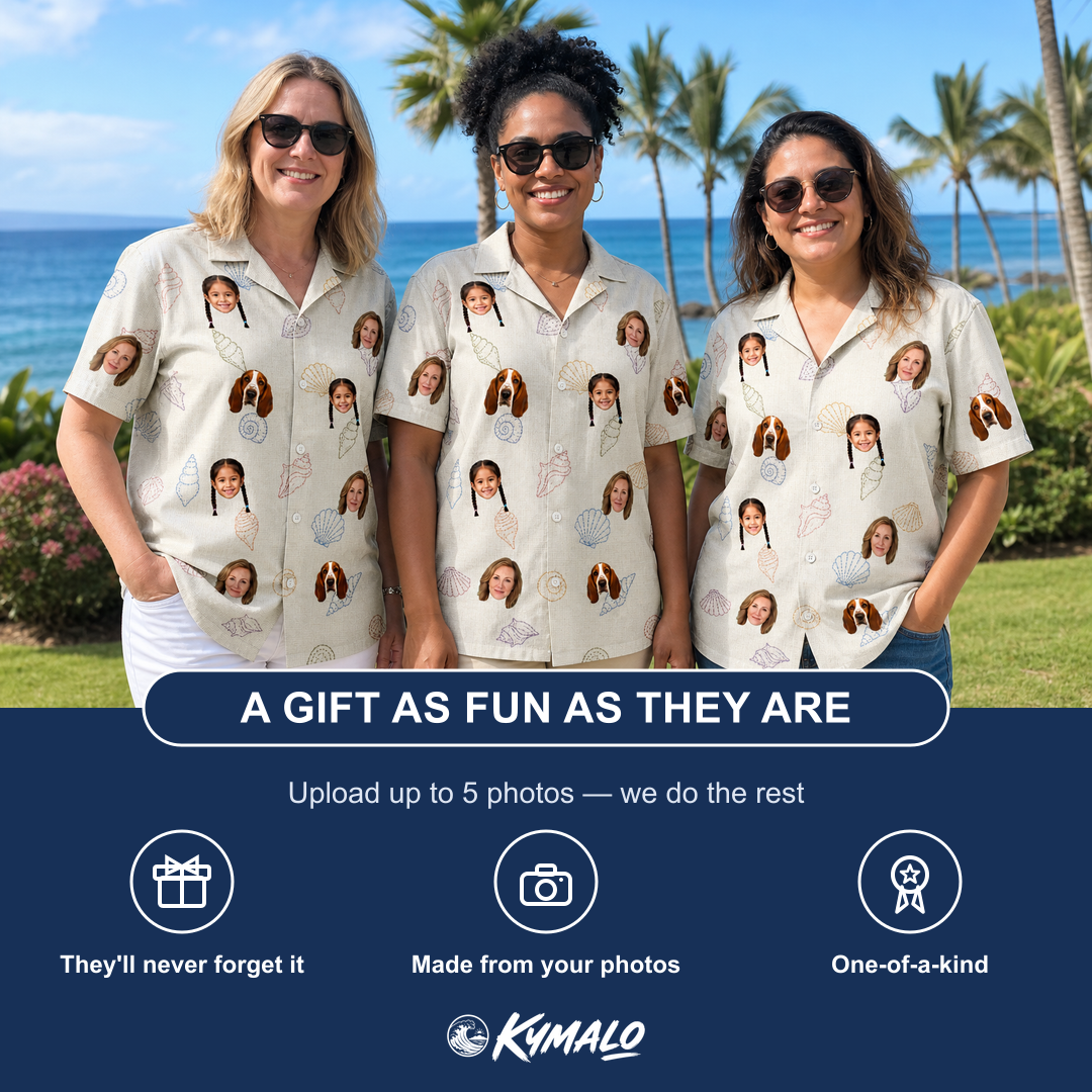 Friends in matching Women's Bivalve Bounce Custom Face Hawaiian Shirt — a group gift photo