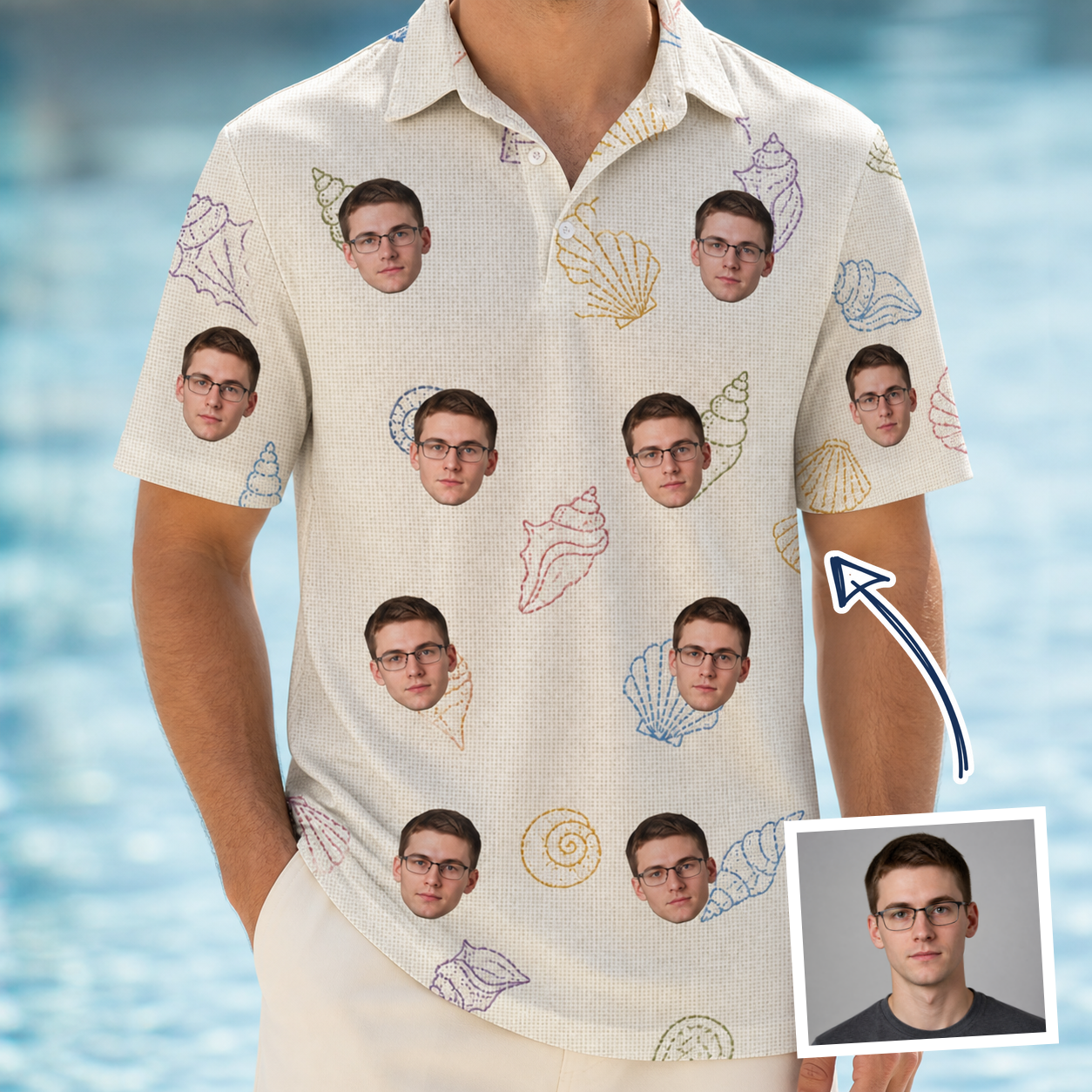 Man wearing Men's Bivalve Bounce Custom Face Polo Shirt — custom faces printed all-over