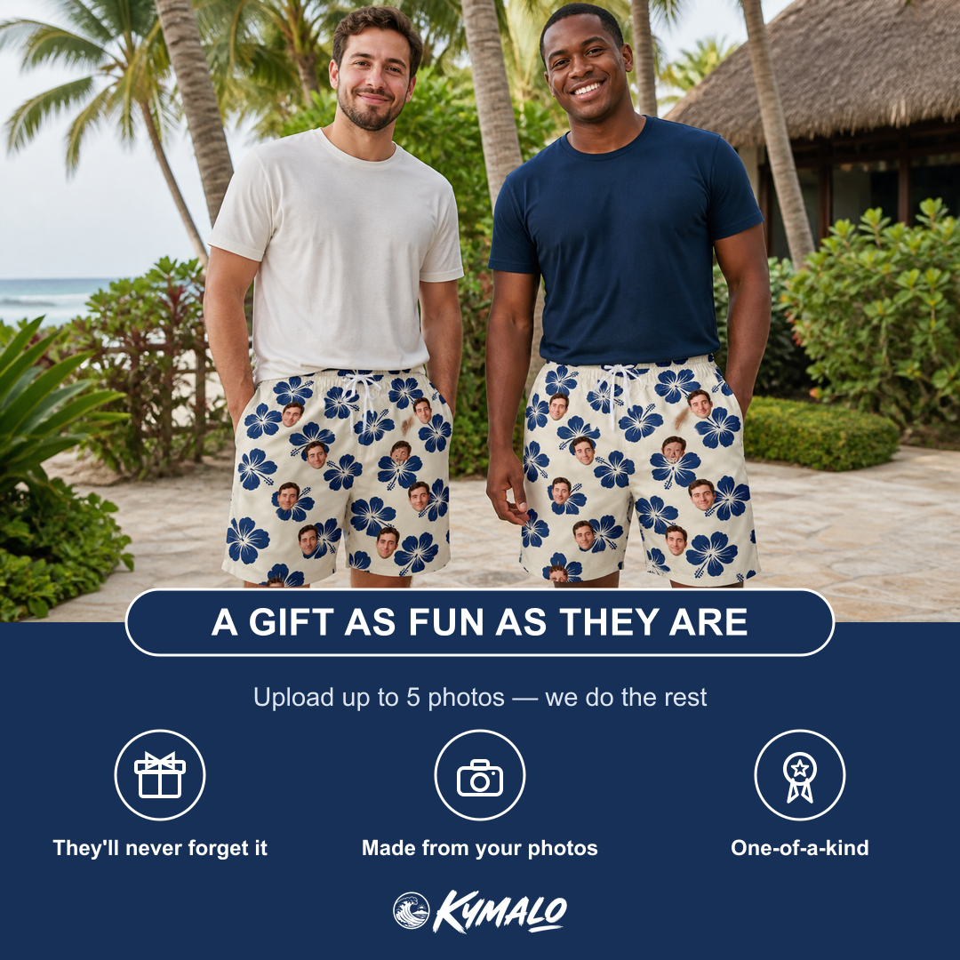 Friends in matching Men's Deco Garden Custom Face Beach Shorts — a group gift photo